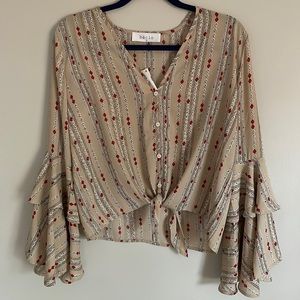 Tan Aztec print bell sleeve blouse